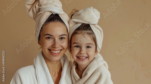 mom and daughter at the spa on a beige background