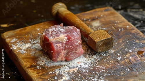 A wooden cutting board with a raw steak and a wooden meat hammer. The steak is sprinkled with salt. The background is dark. photo