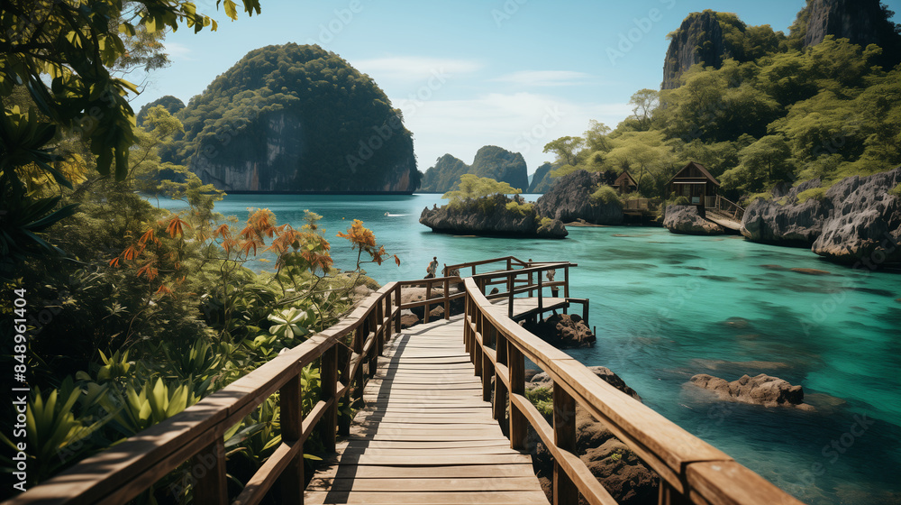 Obraz premium Relaxing on a wooden bridge in the beautiful destination of Phang Nga Bay under a blue sky. Experience adventure and travel in Thailand, exploring nature's landscapes in Asia. 