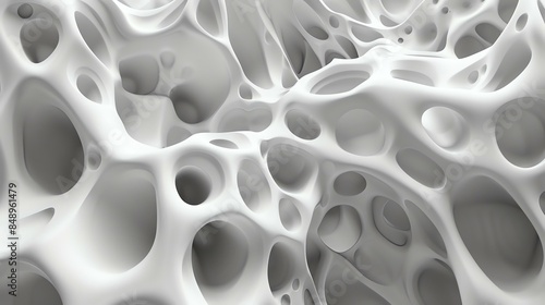 Abstract organic 3d rendering of porous white structure with smooth edges and round cavities of different sizes.