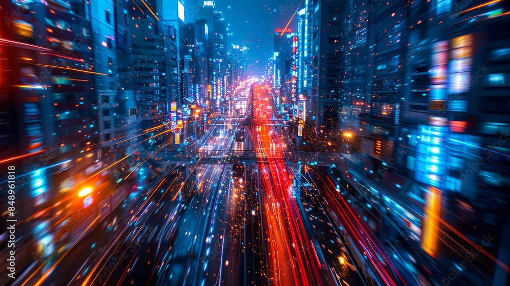 Fototapeta premium Dynamic Cityscape at Night: Lights and Motion in Urban Landscape