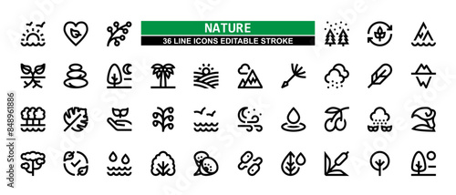 36 Nature Line Icons Set Pack Editable Stroke Vector Illustration.