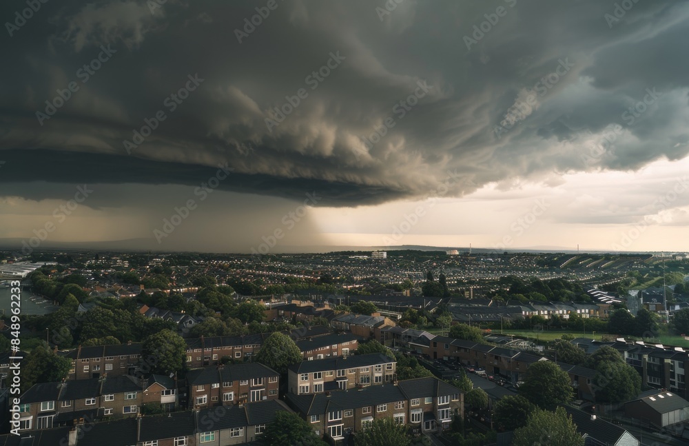 Dark storm cloud rolling over the city, with rain pouring down in Britain's northern region. In view from above houses in Northern Ireland, showing residential areas and trees. Dark storm cloud rolling over the city, with rain pouring down in Britain's northern region. In view from above houses in Northern Ireland, showing residential areas and trees.