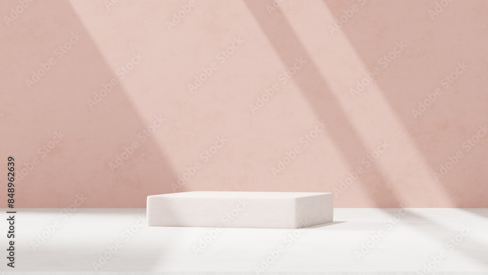 Background featuring an empty product display mockup with a pink backdrop and abstract geometric platforms designed for showcasing merchandise in landscape orientation. Background featuring an empty product display mockup with a pink backdrop and abstract geometric platforms designed for showcasing merchandise in landscape orientation.