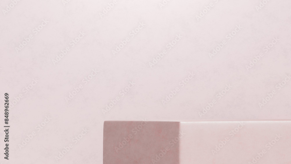 Fototapeta premium Background featuring an empty product display mockup with a pink backdrop and abstract geometric platforms designed for showcasing merchandise in landscape orientation.
