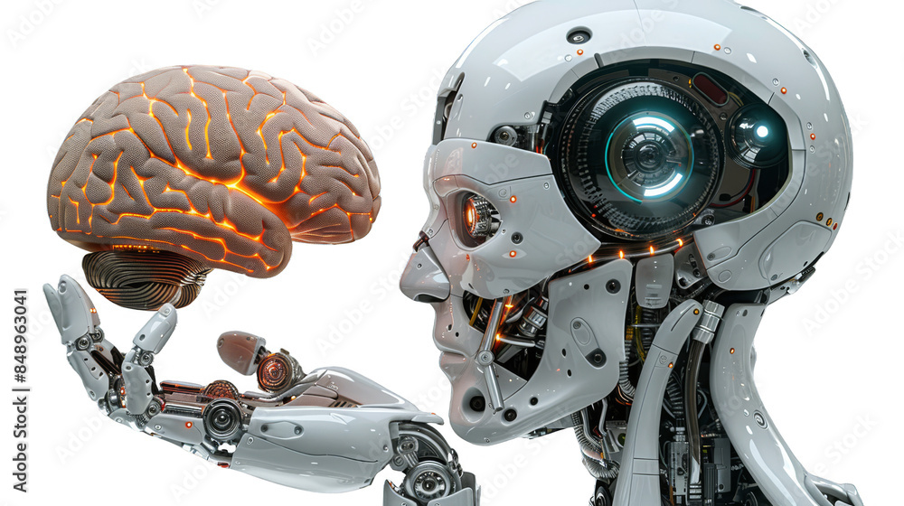Fototapeta premium An artificial intelligence robot holds a human brain in its hand on transparent background