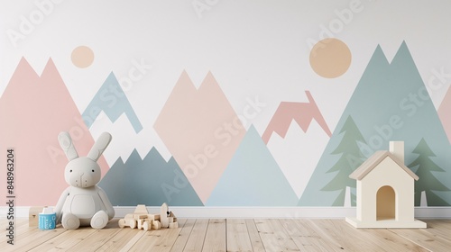 3D rendering of a children's room wall with a pastel colored triangular shaped mural. Simple geometric shapes like triangles and circles on a white background with a wooden floor. Baby toys are on photo