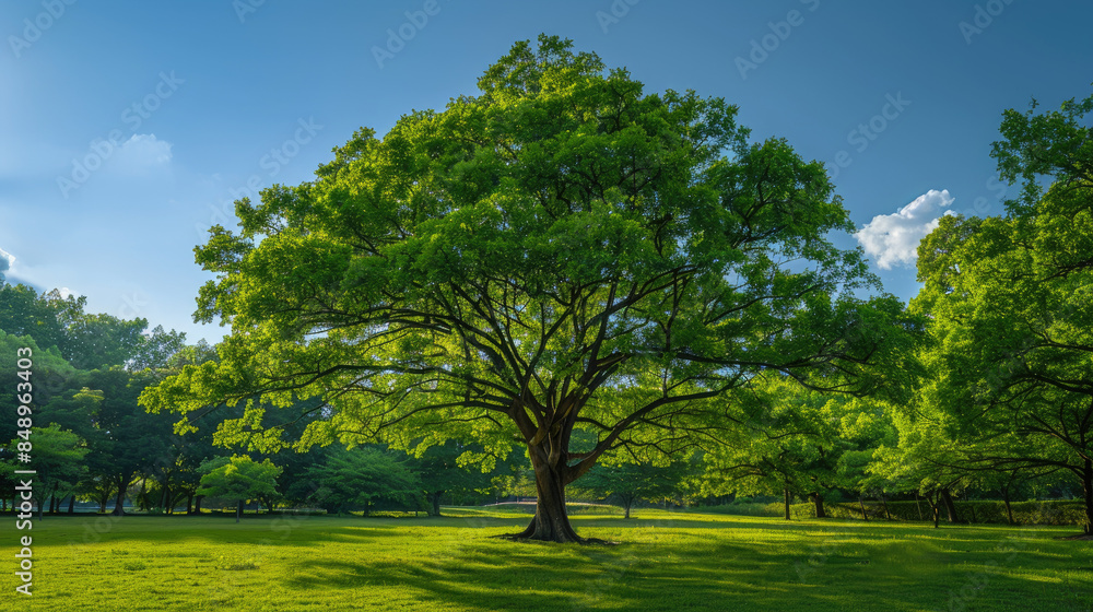 The lush green canopy of a large old oak tree shades an open grassy area on a bright sunny day. The lush green canopy of a large old oak tree shades an open grassy area on a bright sunny day.