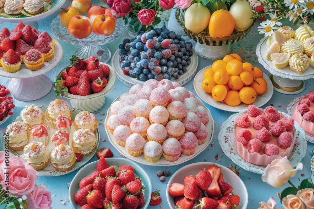 Summer dessert specials made with vibrantly coloured sweets piled on a table Summer dessert specials made with vibrantly coloured sweets piled on a table