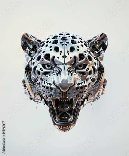 floating cyborg angry leopard face, front view, plain background photorealistic details, low angle, lighting, 8k, hd © Songsak