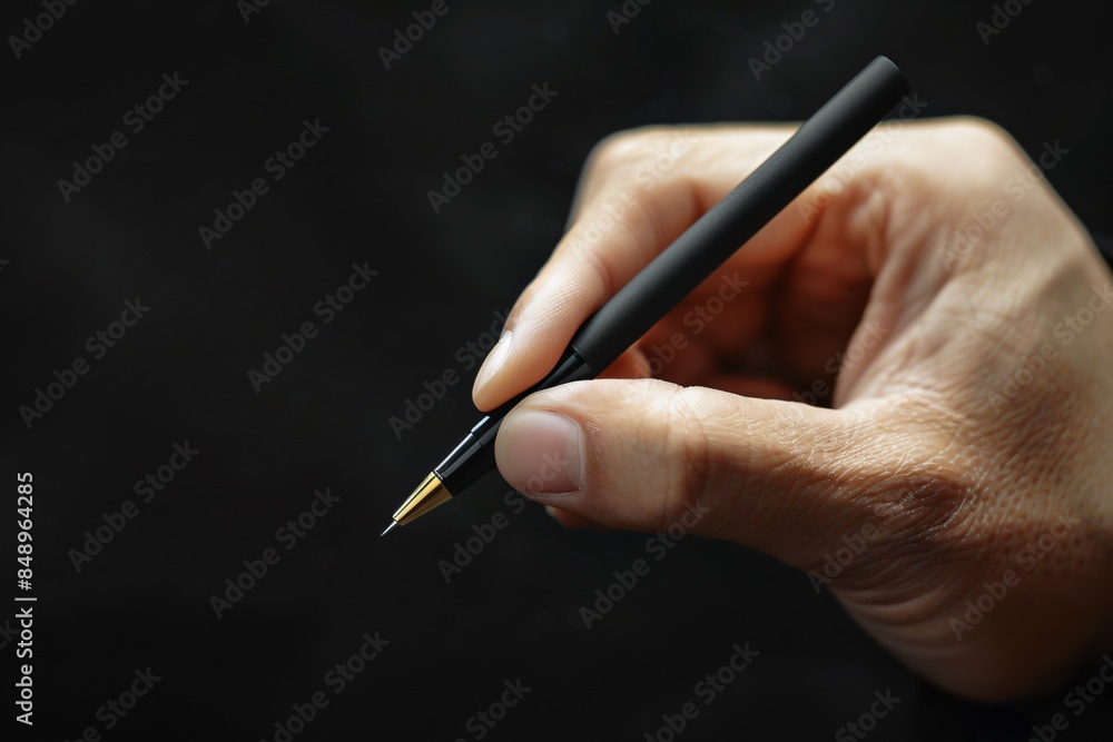Hand Writing with Pen in the Air, Black Blur Background Photo Hand Writing with Pen in the Air, Black Blur Background Photo