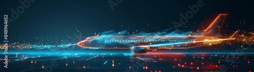 Abstract digital aviation concept with a wireframe airplane and glowing blue lines abstract aviation concept wireframe aeroplane glow blue technology futuristic aircraft modern adv