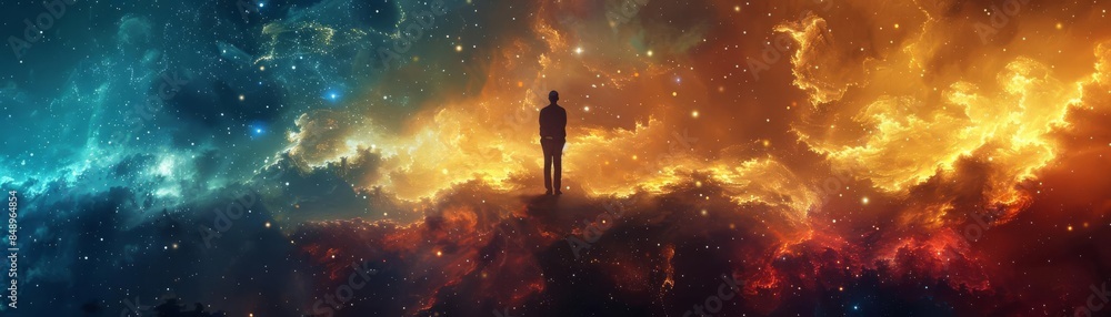 A person silhouetted against a vibrant cosmic backdrop silhouette person cosmic vibrant universe spirituality consciousness meditation astral nebula interstellar cosmos energy A person silhouetted against a vibrant cosmic backdrop silhouette person cosmic vibrant universe spirituality consciousness meditation astral nebula interstellar cosmos energy