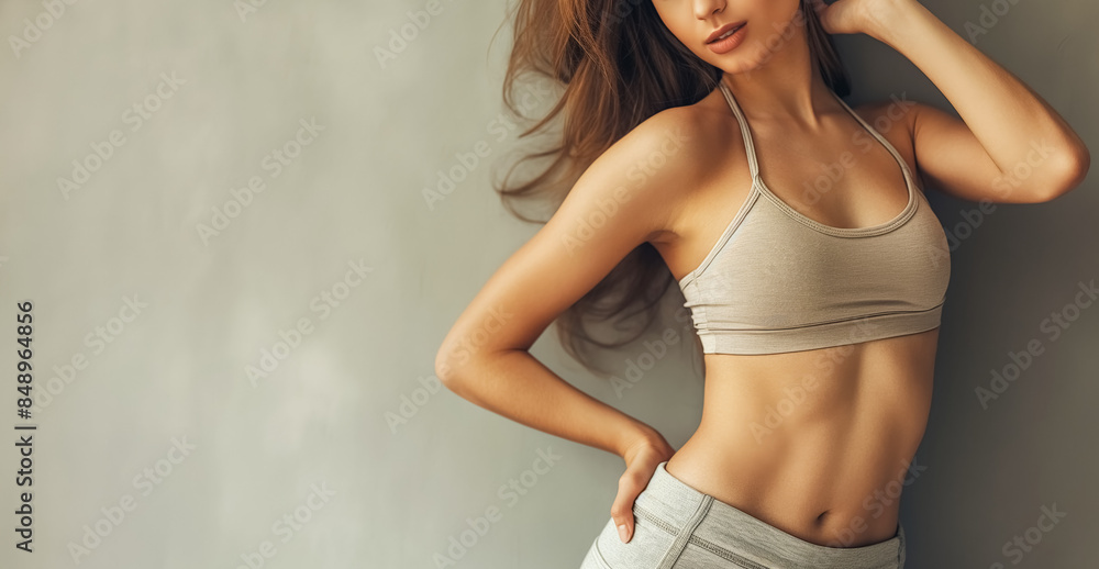 Fototapeta premium Unrecognizable young athletic woman with a beautiful waist and abs posing in front of a light gray wall.