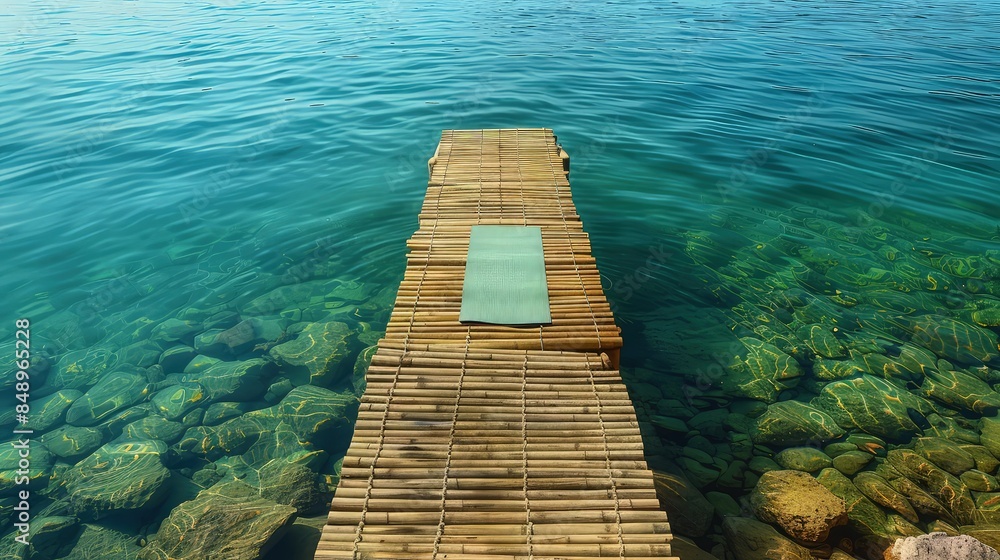 A bamboo yoga mat awaits at the edge of a wooden pier, surrounded by the tranquil waters of a crystal-clear lake, the gentle movement of the water creating a meditative ambiance. A bamboo yoga mat awaits at the edge of a wooden pier, surrounded by the tranquil waters of a crystal-clear lake, the gentle movement of the water creating a meditative ambiance.