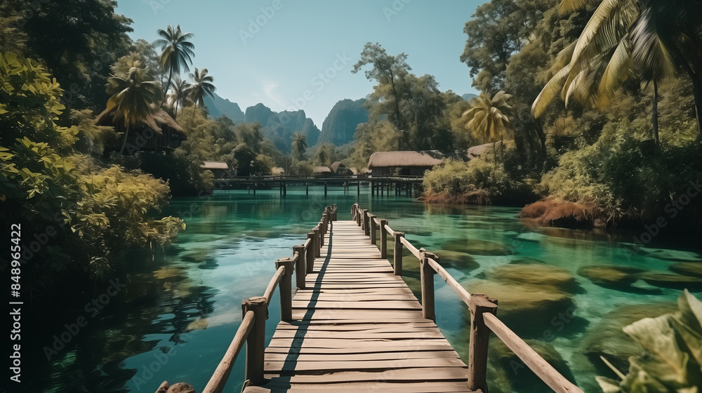 Relaxing on a wooden bridge in the beautiful destination of Phang Nga Bay under a blue sky. Experience adventure and travel in Thailand, exploring nature's landscapes in Asia. Relaxing on a wooden bridge in the beautiful destination of Phang Nga Bay under a blue sky. Experience adventure and travel in Thailand, exploring nature's landscapes in Asia.