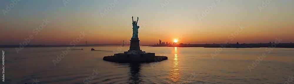 statue of liberty stands tall amidst calm waters, reflecting the orange sky above, as the sun sets in the distance statue of liberty stands tall amidst calm waters, reflecting the orange sky above, as the sun sets in the distance