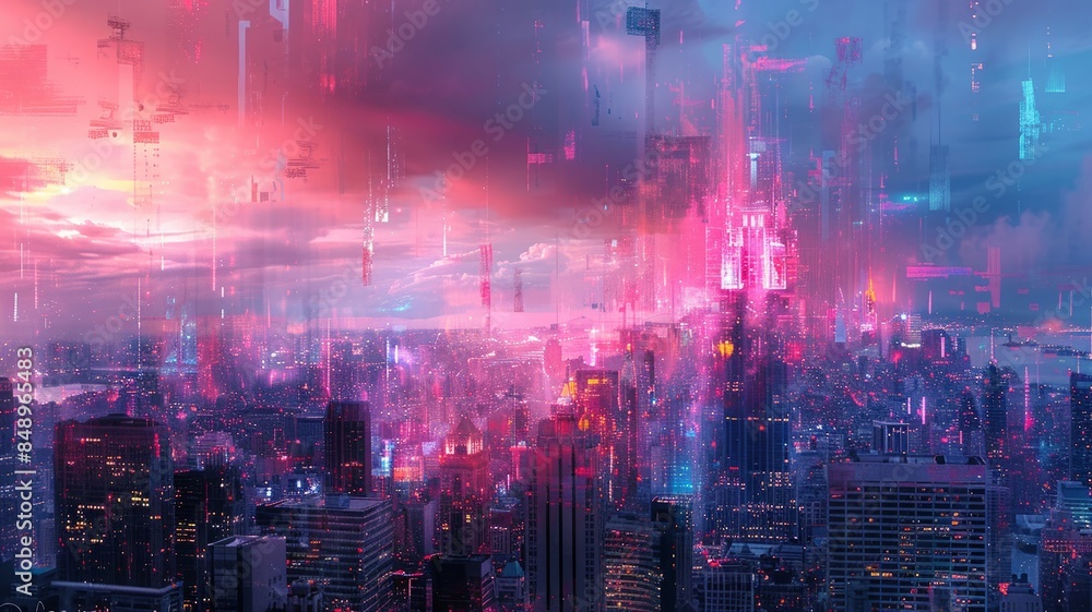 Obraz premium Cyberpunk Cityscape with Pink and Blue Hues