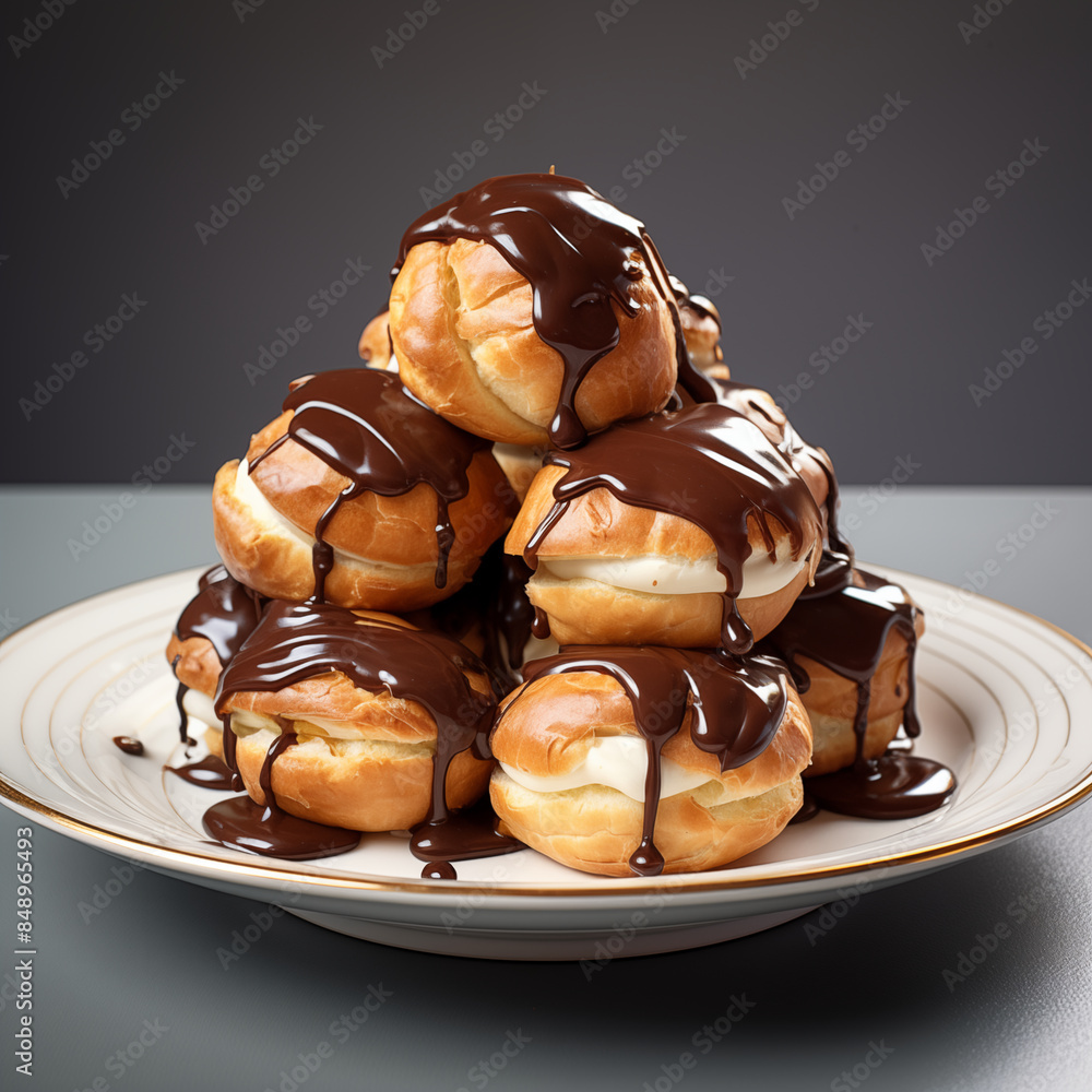 A plate of Profiteroles served under dripped chocolate; dessert on a plate A plate of Profiteroles served under dripped chocolate; dessert on a plate