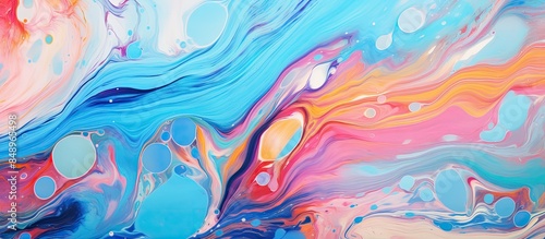 Vibrant acrylic colors create a colorful abstract painting background with a fluid marbling effect ideal as a copy space image