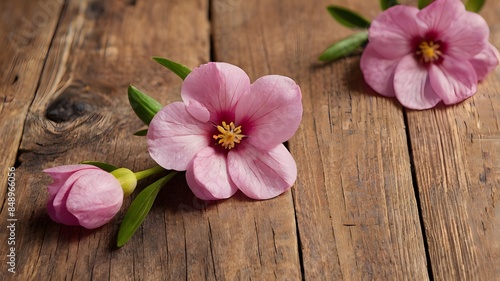 Close up of pink flowers on a wooden surface. Suitable for nature and gardening concepts