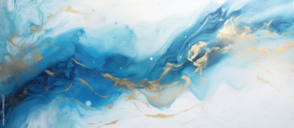 Artistic rendition of the sea in an abstract style blending marble swirls and agate ripples in a stunning mix of blue paint enriched with gold powder creating an exquisite luxury motif within the cop Artistic rendition of the sea in an abstract style blending marble swirls and agate ripples in a stunning mix of blue paint enriched with gold powder creating an exquisite luxury motif within the cop