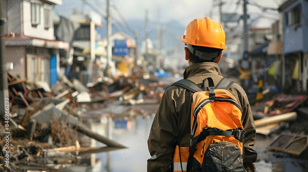 tech in disaster management a man in a black jacket and orange helmet stands in front of a white building, carrying a black and orange backpack, while a white and blue sign stands nearby tech in disaster management a man in a black jacket and orange helmet stands in front of a white building, carrying a black and orange backpack, while a white and blue sign stands nearby