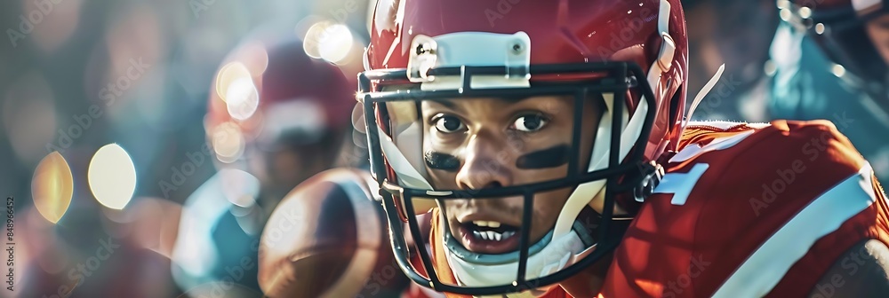 Fototapeta premium tech innovations in sports a man with a black face and large nose wearing a black and red helmet stands in front of a blue wall, with an open mouth and a brown eye visible