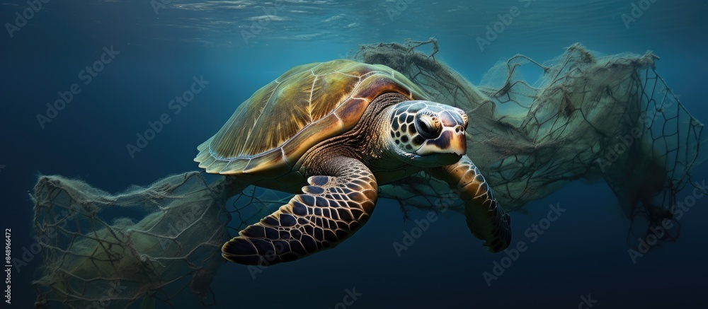 Obraz premium A green sea turtle caught in an abandoned fishing net with a clear blank space ideal for inserting an image. Copy space image. Place for adding text and design