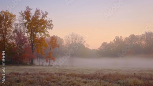 A serene autumn landscape with misty fields and trees at sunrise, capturing the tranquil beauty of the season.