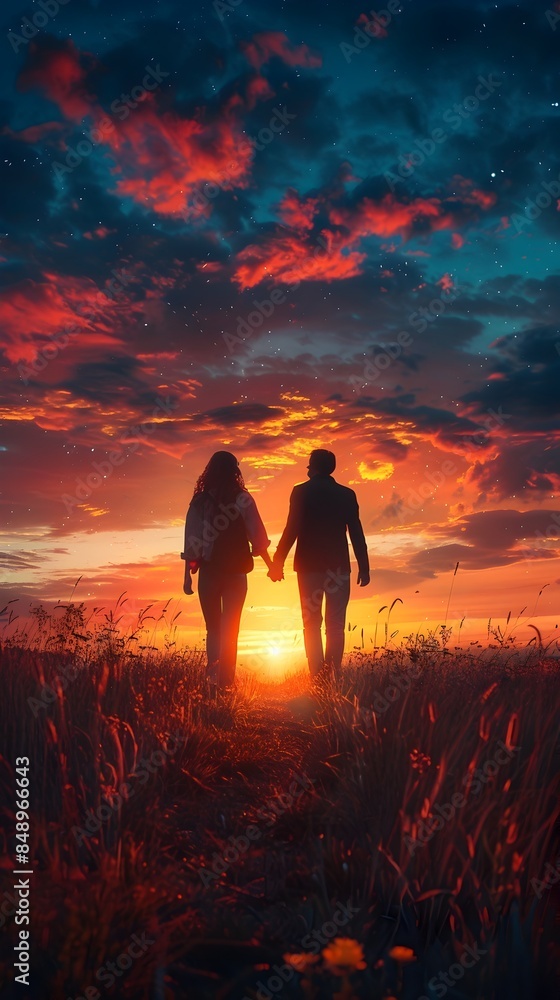 Fototapeta premium Silhouette Couple Holding Hands Walking Towards Glowing Horizon New Chapter Beginning Concept