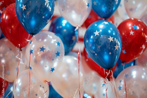 Red white and blue balloons with white stars are floating, celebrating an american event © ALEXSTUDIO