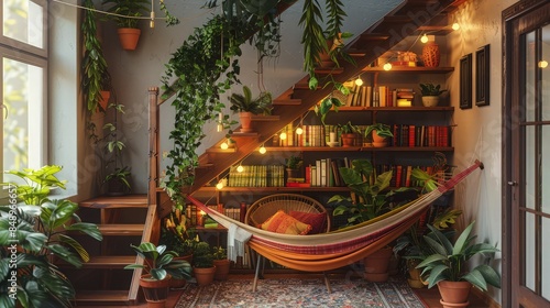 A bohemian reading nook under a staircase, with eclectic shelves, a variety of plant life, string lights, and a hammock chair, offering a unique and cozy corner for reading and daydreaming. © Sundas