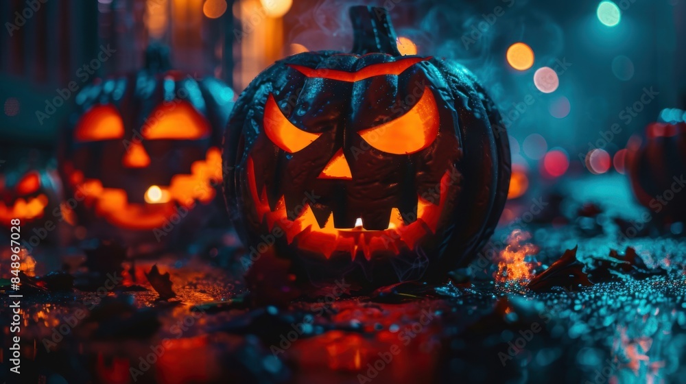 Fototapeta premium A menacing Jack-O'-Lantern with a glowing face sits on a wet street at night, surrounded by bokeh lights and creating a spooky Halloween atmosphere.