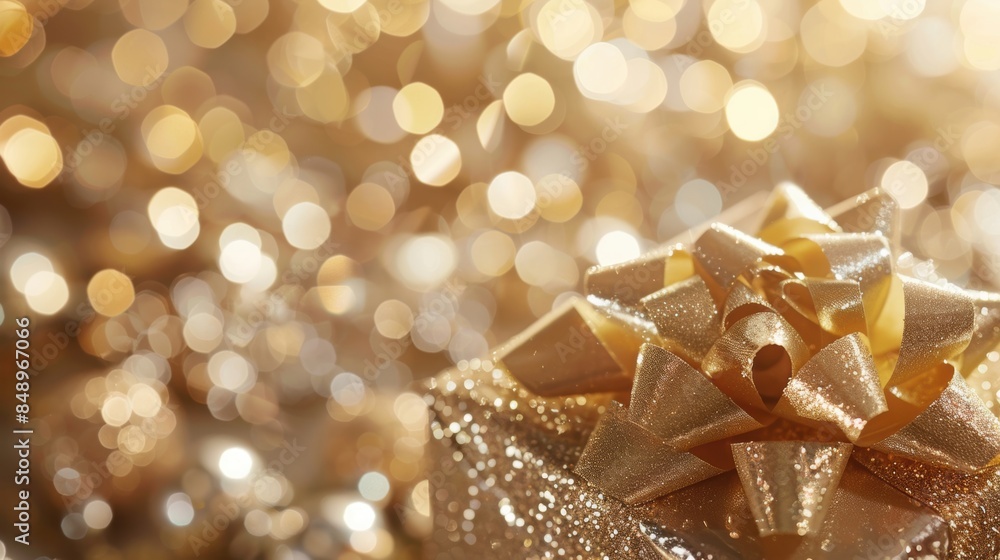 A beautifully wrapped gift with a luxurious golden ribbon and sparkling bow, set against a shimmering bokeh background, perfect for celebrations. A beautifully wrapped gift with a luxurious golden ribbon and sparkling bow, set against a shimmering bokeh background, perfect for celebrations.