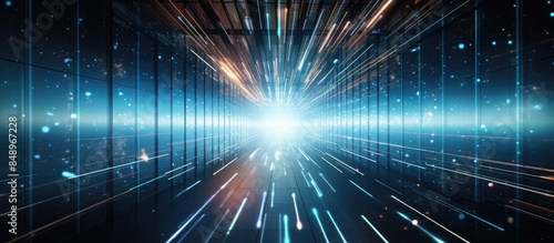 Fototapeta Naklejka Na Ścianę i Meble -  Abstract digital light concept in a high speed server storage data center with copy space image