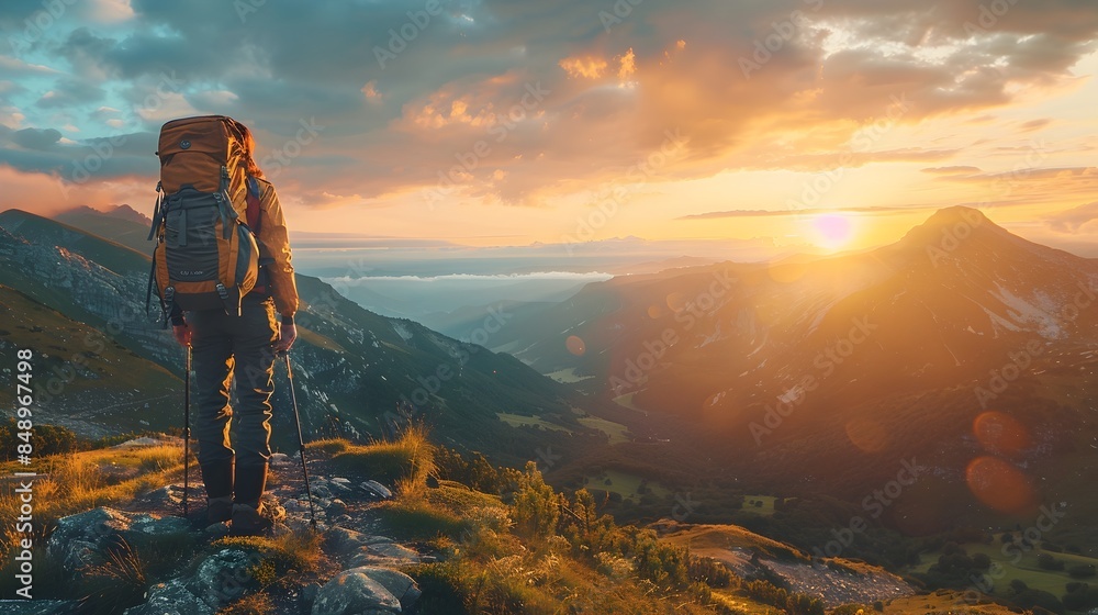 Naklejka premium Traveler with Backpack Stands at the Edge of a New Trail at Sunrise Ready for a Fresh Journey of and Embracing the Energy of New Beginnings