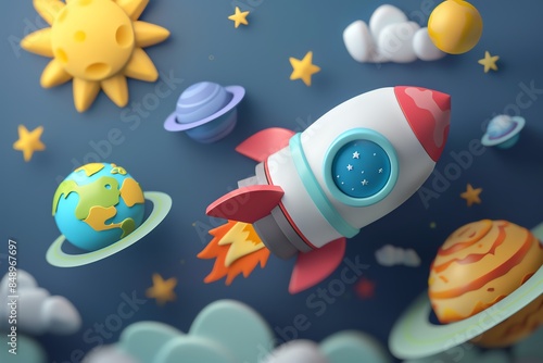 3d cartoon game icon; Earth seen from the space; rocket, sun, Saturn, Moon, education, junior school style