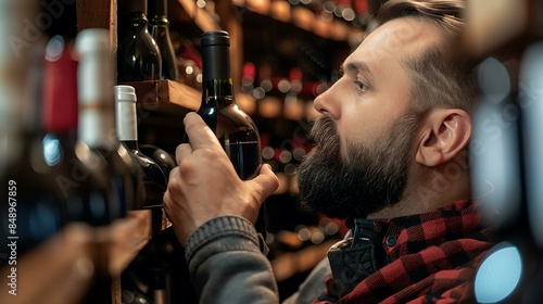 Bearded man looking at a bottle of wine in a wine rack photo