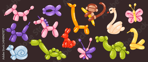 A set of various balloon figures made in the shape of animals and objects. Figures of dogs, giraffe, monkey, swan, butterflies, snail and others. Cartoon illustration 
