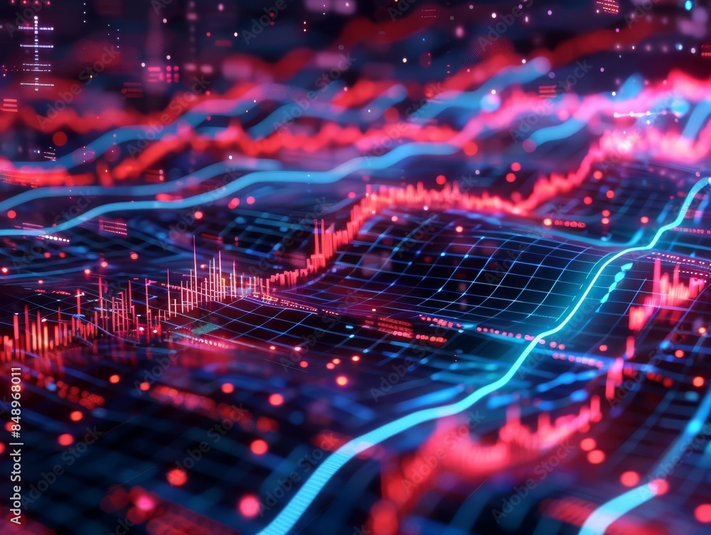 Hightech financial data visualization, neon red and blue lines on a digital screen, futuristic stock market trends, sophisticated trading interface, dynamic analytics Hightech financial data visualization, neon red and blue lines on a digital screen, futuristic stock market trends, sophisticated trading interface, dynamic analytics