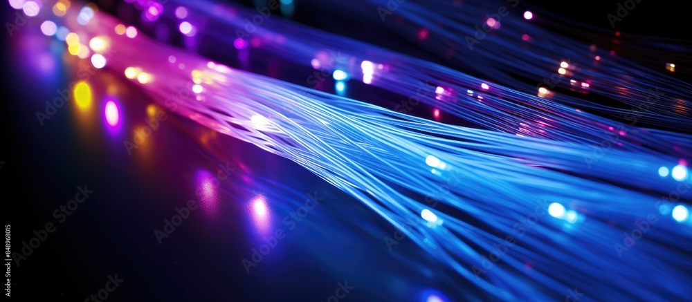 Illuminated fiber optic cables represent a modern telecommunications concept with a sleek and shiny appearance showcasing the fast data connection. Copy space image. Place for adding text and design Illuminated fiber optic cables represent a modern telecommunications concept with a sleek and shiny appearance showcasing the fast data connection. Copy space image. Place for adding text and design