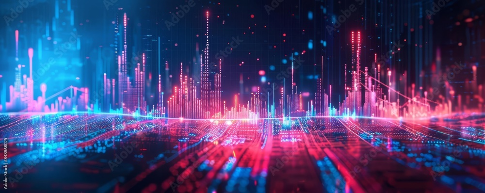 Vibrant stock market graph with dynamic upward trends, glowing red and blue lines, futuristic digital interface, financial data analysis, hightech trading visualization Vibrant stock market graph with dynamic upward trends, glowing red and blue lines, futuristic digital interface, financial data analysis, hightech trading visualization