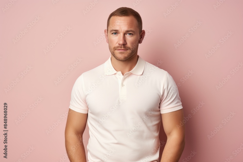 Portrait of a glad man in his 30s wearing a sporty polo shirt over solid pastel color wall Portrait of a glad man in his 30s wearing a sporty polo shirt over solid pastel color wall