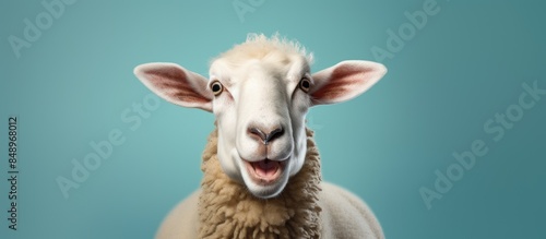 Sheep with a playful demeanor sticking out its tongue captured in a portrait with copy space image photo