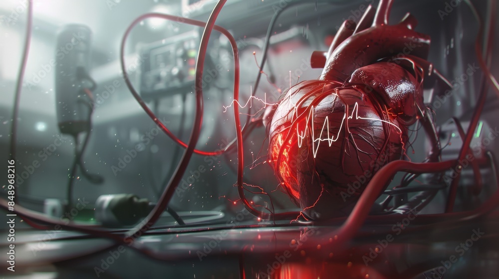 Fototapeta premium A 3d render heart is surrounded by red wires and is surrounded by a red background