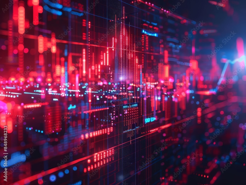 Hightech financial data visualization, neon red and blue lines on a digital screen, futuristic stock market trends, sophisticated trading interface, dynamic analytics Hightech financial data visualization, neon red and blue lines on a digital screen, futuristic stock market trends, sophisticated trading interface, dynamic analytics