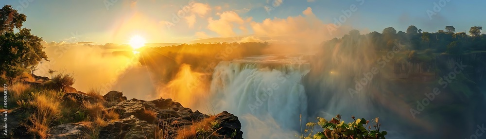 Fototapeta premium a stunning waterfall cascades down a rocky cliff, framed by a lush green tree and a clear blue sky, with a vibrant yellow flower adding a pop of color to the scene