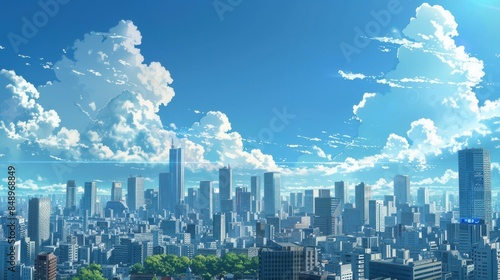 A city skyline with a blue sky and clouds. The city is full of tall buildings and the sky is clear