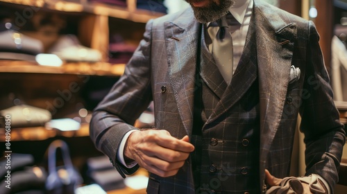 A man in a custom-tailored suit stands in a luxury boutique. The suit is made from the finest materials and fits him perfectly.